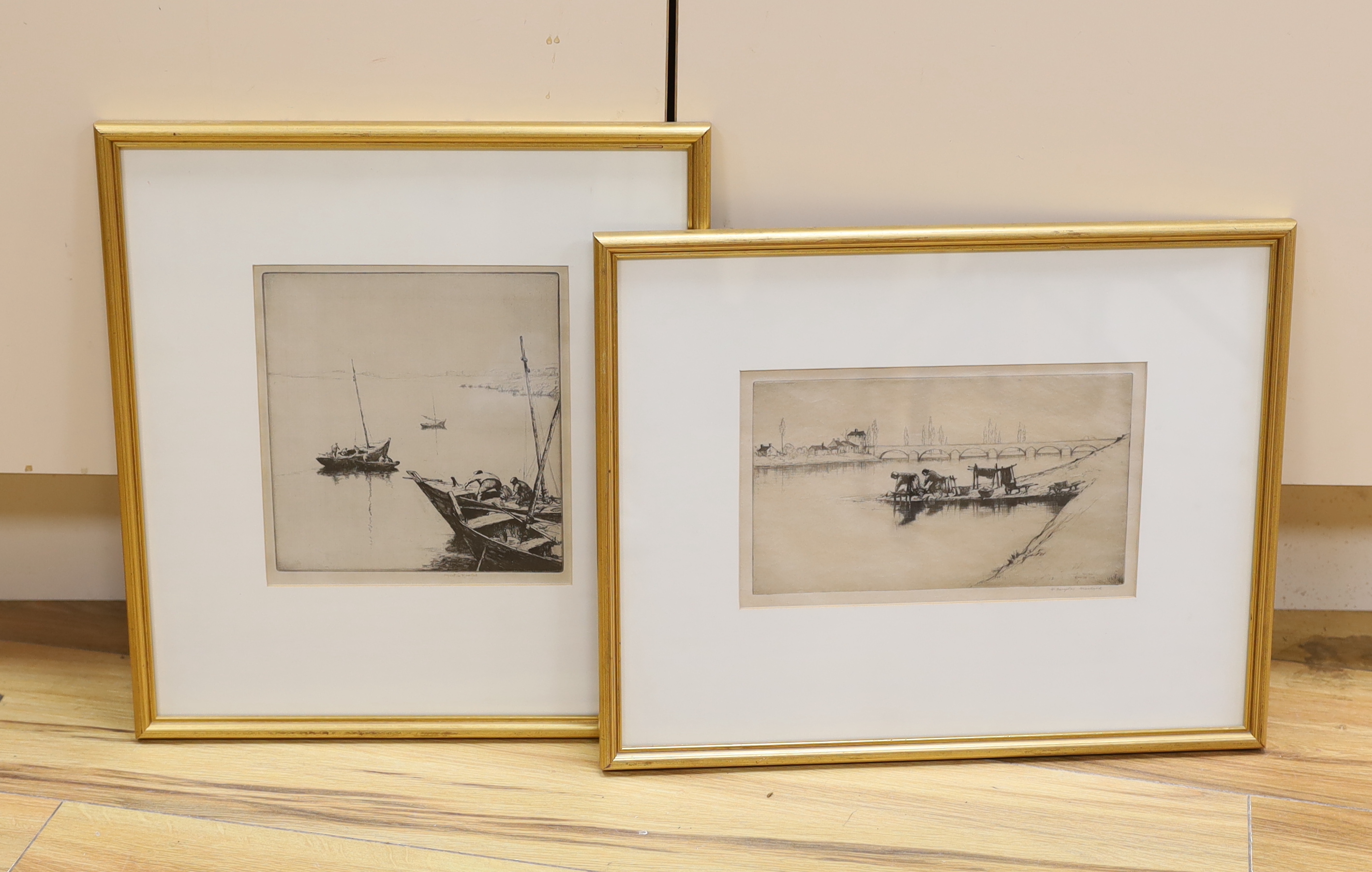 Two pencil signed etchings comprising William Douglas Macleod (1892-1963), ‘Washerwoman Chinon, 1924’ and Martin Hardie, R.I. (1875-1952), ‘Port Manech’, each with Abbott & Holder inscribed labels verso, largest 14.5 x 2